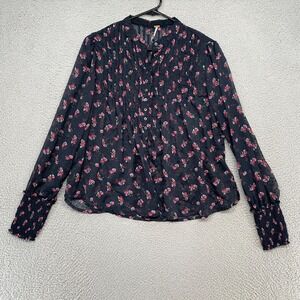 Free People Top Womens XS Dark Floral Pintucked Whimsigoth Y2K Boho Semi Sheer